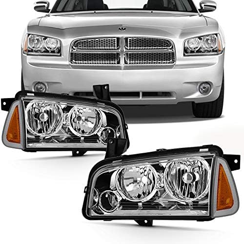 AKKON - Fits 2006-2010 Dodge Charger [Halogen Style] Chrome Headlamp Left+Ritght Pair Headlights Replacement