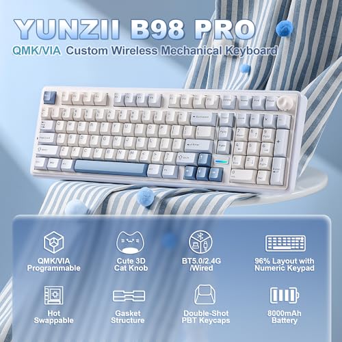 YUNZII B98 PRO QMK/VIA ワイヤレス メカニカル ゲーミングキーボード テンキー付き 96%レイアウト可愛い猫ノブ付き BT/2.4G/USB-C接続 潤滑済みスイッチ ホットスワップ対応 カスタムガスケット RGBバックライト Win/Mac用 技適認証取得 (ブルー, ミルクV2リニアスイッチ)