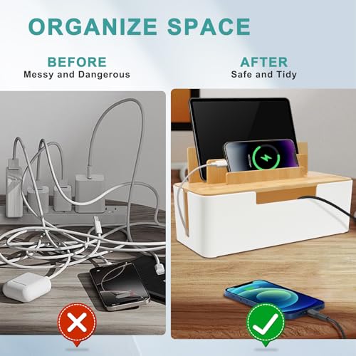 YTACREA Kabelbox Bambus, Kabel Organizer zum Verstecken von Kabeln, Kabelmanagement Box Speichert Mobiltelefone Tablets, Cable Management Box, Steckdosenbox, Schutz der Kabelsicherheit, Weiß