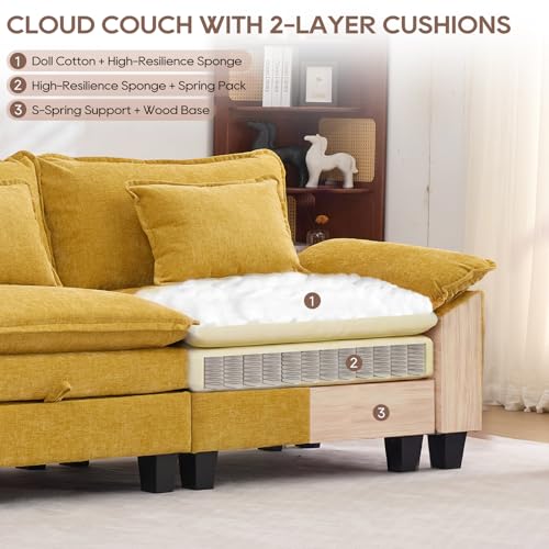 Image of IPKIG 151 inch Modular Cloud Couch with Storage, U Shaped Sectional Sofa with Ottoman & Pillow, Chenille Deep Seat Sectional Couches for Living Room, Apartment, Yellow