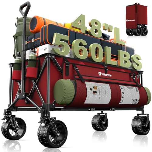 HIKEMOON 48'' Extra Large Collapsible Wagon with Big Wheels, 300L Red | 560LBS Heavy Duty, Wagons Carts Foldable, All-Te