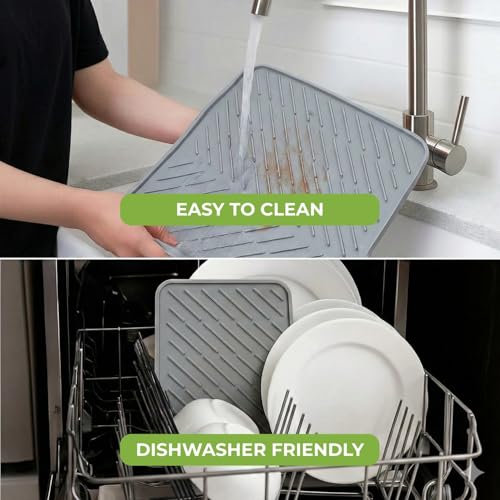 Image of CELA Silicone Dish Drying Mat for Kitchen 40 x 30 cm | Non-Slip Heat Resistant Kitchen Drying Pad with Drain Lip | Quick Dry Dish Drainer Mat for Plates, Cups & Utensils | Countertop Water Protection