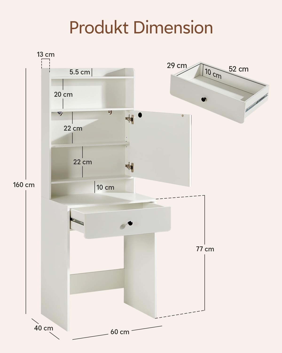 TUKAILAI Kleiner Schminktisch mit Öffnendem Spiegel und LED-Beleuchtung, 60x40x160 cm,Kosmetiktisch mit Spiegel & Steckdose, offene Regale Modern Frisiertisch fürs Schlafzimmer, Weiß