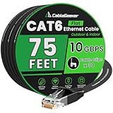 Cat 6 Ethernet Cable 75 ft (At a Cat5e Price but Higher Bandwidth) Flat Internet Network Cable - Cat6 Ethernet Patch Cable Short - Black Computer Cable With Snagless RJ45 Connectors