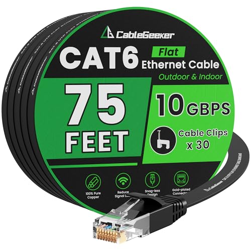 Cat 6 Ethernet Cable 75 ft, Indoor&Outdoor, High Speed 10Gbps Flat Internet Network Cable, Pure Copper Ethernet Patch Cable Long, Computer LAN Cable with Clips & Straps for Router, Modem, PS4/5, Black