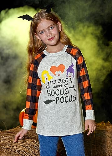 Image of BesserBay Girls Halloween Funny Plaid Graphic Shirt Long Sleeve Spooky Patchwork Raglan Top 5-14 Years