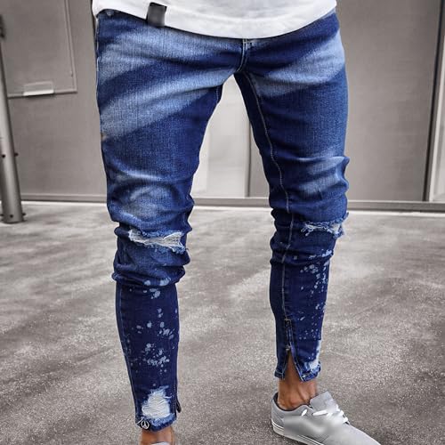 Men's Destroyed Denim Pants Stretch Ripped Tapered Leg Jeans Lightweight Distressed Washed Jean Pants3