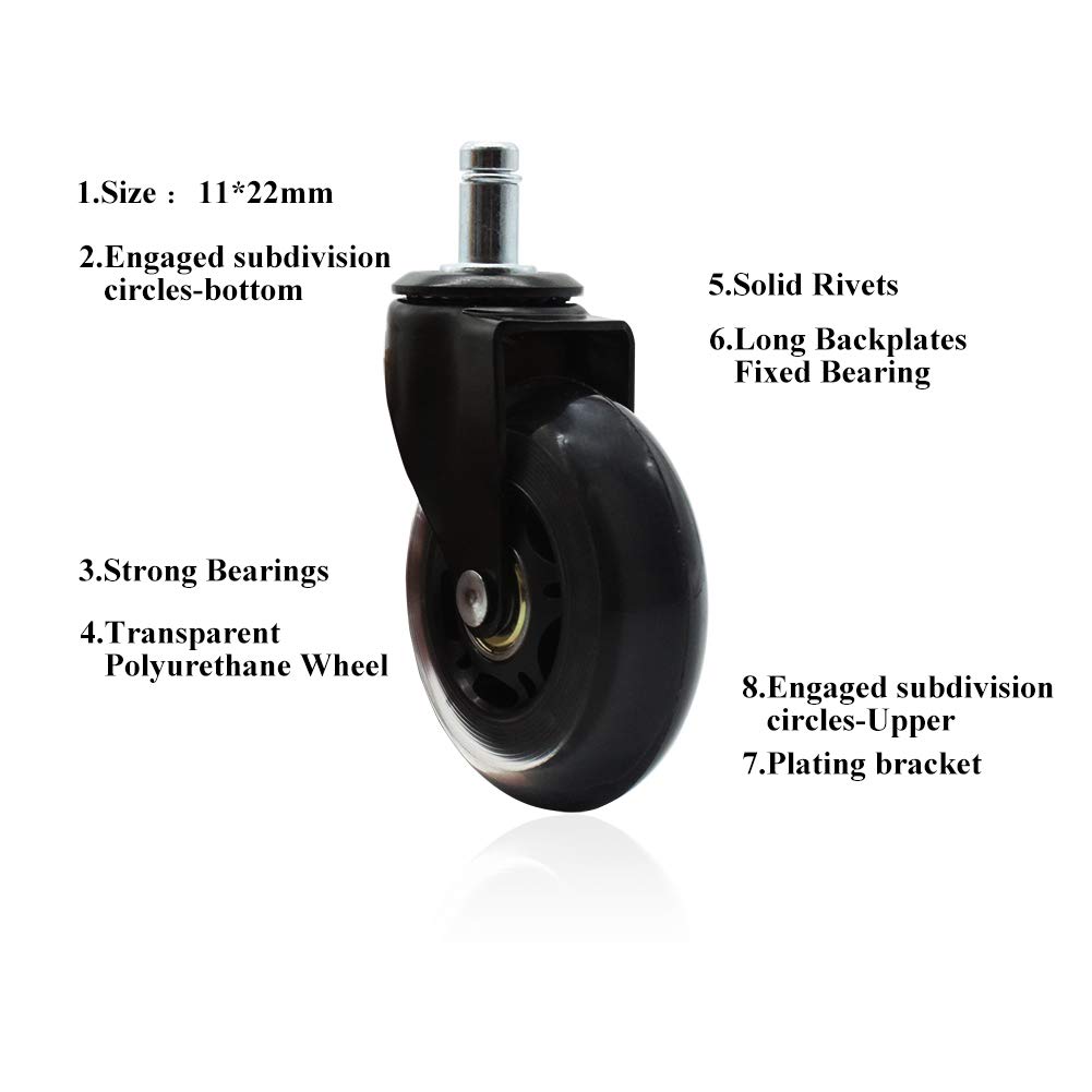 ValueHall 5er Set Bürostuhl Rollen - 75mm Gummi-Räder Für Alle Böden, 11mm Stamm