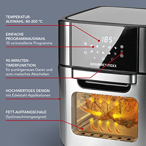 GOURMETmaxx Digitale Heißluftfritteuse 12 L, XXL-Edelstahl-Ofen | Airfryer + Timer, Touchdisplay, Drehspieß | fettarm, energiesparend frittieren | 10 Programme inkl. Pizza | 1800 W – Bild 5