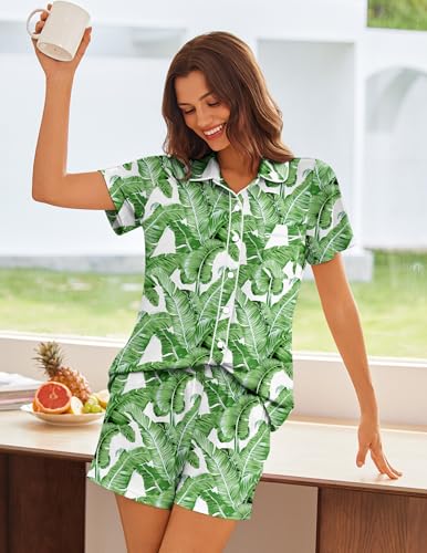 Image of Ekouaer Womens Pajama Sets Button Down Lounge Set 2 Piece Loungewear Soft Sleepwear Short Sleeve Pjs with Pockets