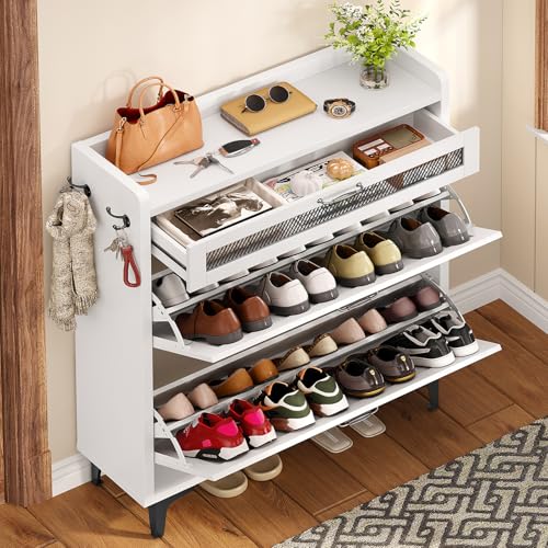 Image of TEENFON Shoe Cabinet with 2 Flip Drawers & Top Drawer, Farmhouse Narrow Shoe Storage Cabinet with Adjustable Shelves & Hooks, Freestanding Hidden Slim Shoe Rack Cabinet for Entryway, Hallway, White