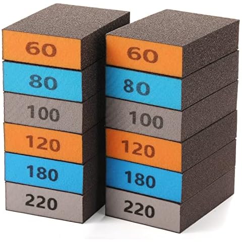 12 Pieces Sanding Sponges, GOH DODD Coarse Medium Fine Assortment Washable and Reusable Sanding Blocks 60 80 100 120 180 220 Grits Ideal for Wood Metal Wall Polishing Cover