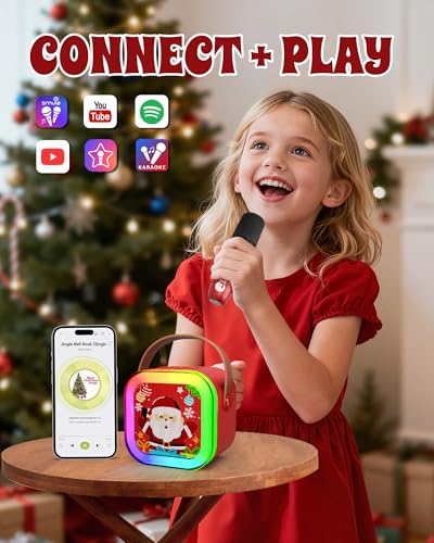 Image of CscyyAmz Santa Style Mini Karaoke Machine with 2 Wireless Microphones, Portable Bluetooth Speaker, Battery Powered, for Kids 4-12 Years (Santa Red)