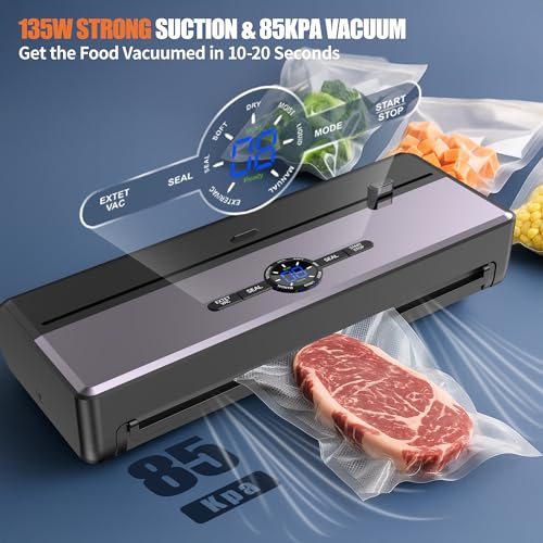 Image of Sealer Machine for Food Storage, 85KPA Strong Suction, Dry /Moist Mode, Automatic Seal in 10-20 Seconds with 10 Vacuum Bags & 1 Roll, Built-in Cutter, Bag Storage & Vacuum Hose, for Home Kitchen Use