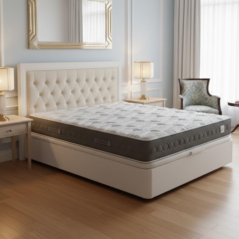 ROYAL SLEEP - Pack Descanso Montaje y Retirada de Usado Incluido | Colchón Viscoelástico Ceramic Plus 135x190 + Canapé Abatible Gran Capacidad Blanco Madera
