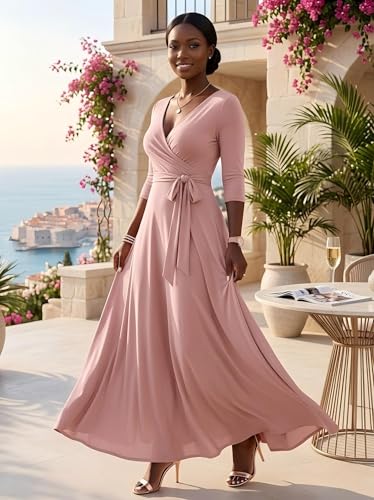 Image of PinkPatty Women's Plus Size Maxi Dresses Casual Flowy 3 /4 Sleeves Dress Printed Vacation Dress for Daily Wear with Belt