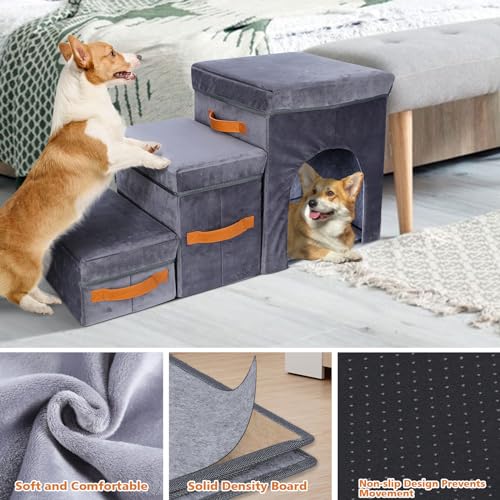Topmart Foldable Dog Stairs for Bed, 3-Step Pet Stairs with 2 Storage Boxes & Condo for Small, Short-Legged Dogs - Image 4