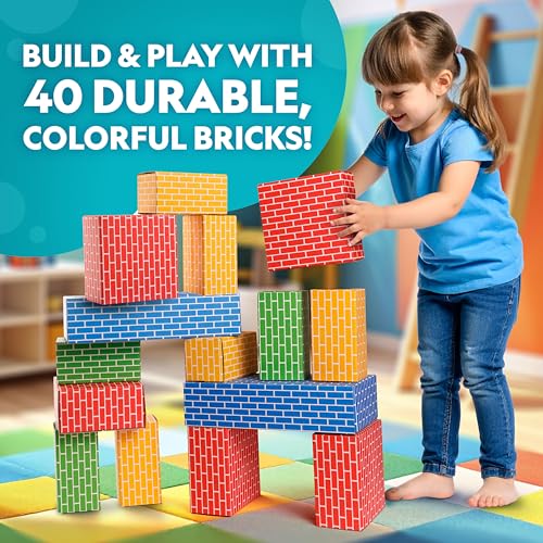 NATIONAL GEOGRAPHIC Kids Jumbo Cardboard Building Blocks – 40 Heavy-Duty Bricks in 3 Sizes, Build & Learn with Game Spinner & Activity Cards for Kids 3+, Indoor Play Construction Toy for STEM Learning - Image 2