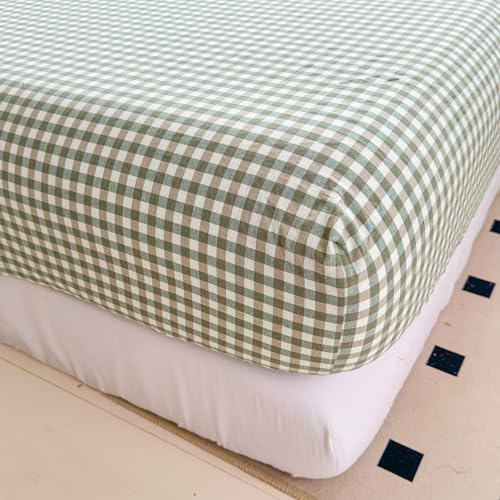 Image of Mucalis Green Gingham Fitted Sheet Queen Only Deep Pocket 16 Inch 100% Washed Cotton Tan White Plaid Checkered Bottom Sheet,Soft,Breathable,Easy Care