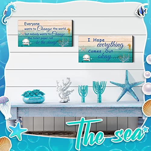 Jetec 2 Pieces Funny Bathroom Decors Bathroom Rules Sign Plaque Wooden Funny Bathroom Decor Sign Guest Hanging Wall Art Decorative Signs Rustic Wall Art (Blue,Ocean Style) - Image 2