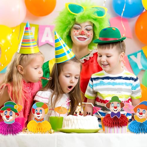 BGTLJKD Clown Tischdeko Karneval, 12 Stück Karneval Bienenwaben Tischdeko mit 10 tröten, Zircus Clown Hängende Pompoms Hängedeko, Tischdekoration für Fasching, Zirkus Deko - Funktionsansicht 5 | Tischdekoration