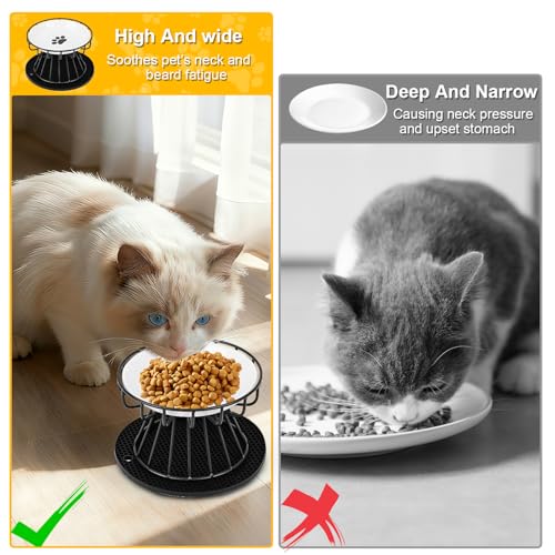 Katzennapf Erhöht, 2 Stück Katzennapf aus Keramik mit Napfunterlage Silikon Und Metallständer, Zervixschutz-Katzennapf, 15 cm Durchmesser,10cm Metallständer,Katzennäpfe für Futter Wasser