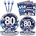 96 Pcs 80th Birthday Party Supplies Navy Blue and Silver Birthday Plates 80th Birthday Paper Tableware Happy Birthday Party Plates and Napkins Forks Blue Birthday Table Decorations for 24 Guests