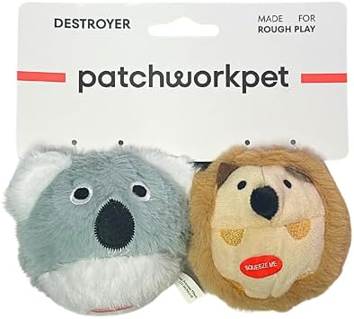 Patchwork Pet Destroyer Dog Toys, Koala and Hedgehog Squeaky Balls, 4 Inch, 2-Pack