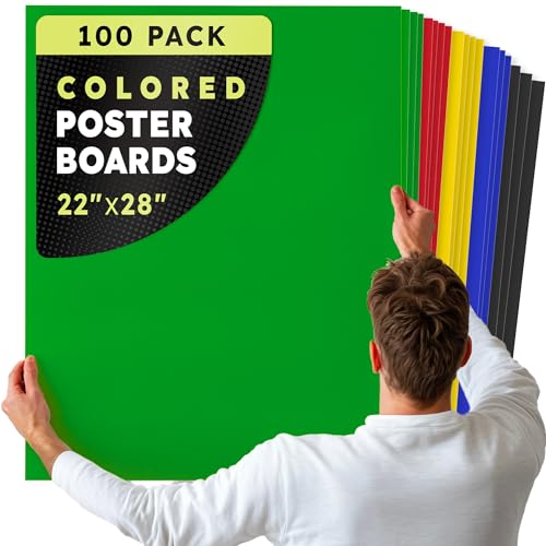 Image of Hygloss Large Colored Poster Board 22x28-100 Assorted Standard Color Bulk Pack - Red, Yellow, Green, Blue, Black - 10 Pt. Thickness Poster Board Paper - Posterboard Multipack 22 inch x 28 inch