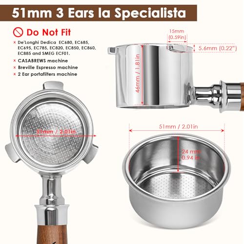 Image of 51mm Bottomless Portafilter 3 Ears Compatible with De-longhi La Specialista Coffee Espresso Machine EC9335 9155 9355 9665,100% Stainless Steel Filter Basket and Rosewood Handle