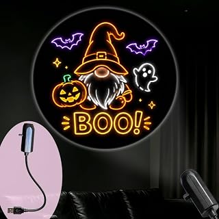 TSEZLOJH Portable Projector Lamp USB Powered Halloween Gnome Holding Jack-O-Lantern with Ghost Bat and Boo Sign