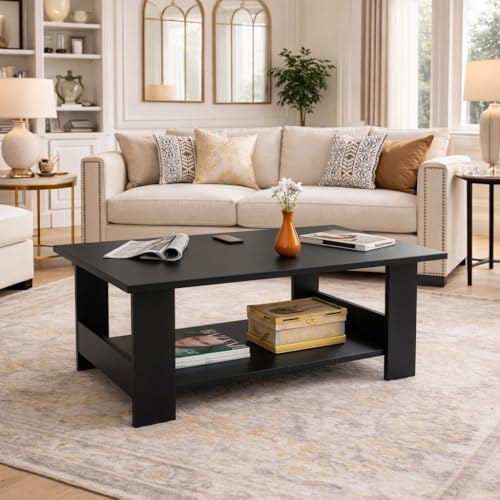 Image of Spyder Craft Modern Coffee Table with Open Storage Shelf - Minimalist Rectangular Center Table for Living Room, Office, and Lounge - Durable Engineered Wood, Easy Assembly (Black) (Assembly -DIY)