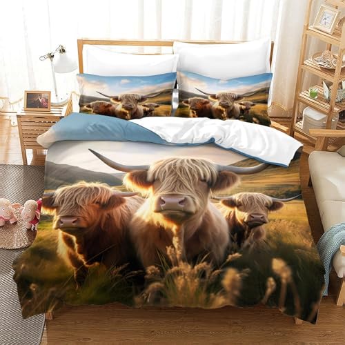 Parure de lit Highland 200x200cm en microfibre imprimée 3D avec housse de couette bétail aquarelle - 3