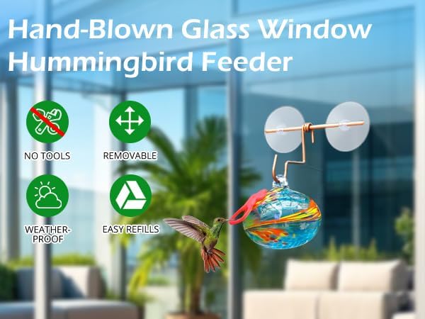 Window Hummingbird Feeder with Suction Cups,Hand-Blown Glass Hummingbird Feeders for Outdoors Window Mounted with Metal Hook,Close Bird Watching,Finch in Garden,Yard(Blue) - Image 4