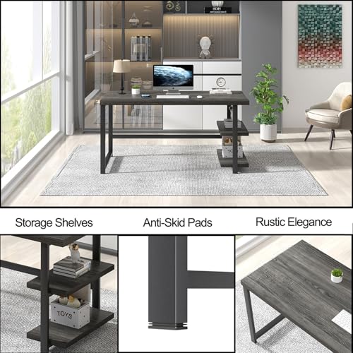 Foluban Home Office Desk, Modern Computer Desk With Storage Shelf, Wood Study Writing Gaming Table For Bedroom Living Room, Industrial Dark Gray thumb #5