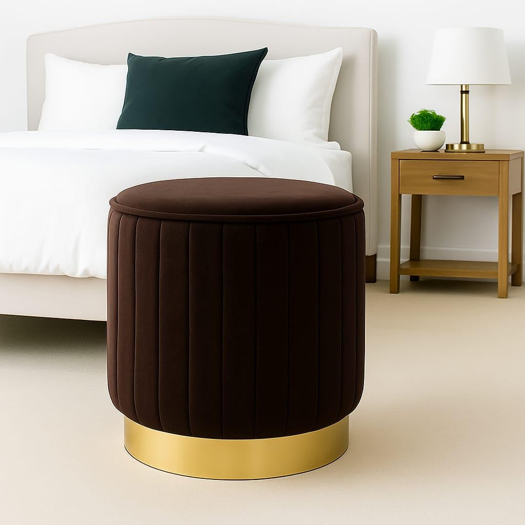 Jaico Stylish Round Accent Ottoman – Plush Upholstered Footstool with Modern Gold-Tone Base (Brown)-image-16