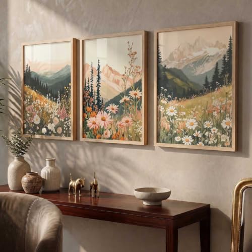 Image of kotart Big Aesthetic Mountains View Wall Art Paintings | Flowers Landscape Framed Painting | Vastu Frames for Living Room Bedroom Wall Decor Set Of 3 (14x20 Inch)