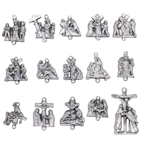 VILLAGE GIFT IMPORTERS Set of 15 Stations of the Cross Pendants | Includes Stations 1-14 and a Crucifix