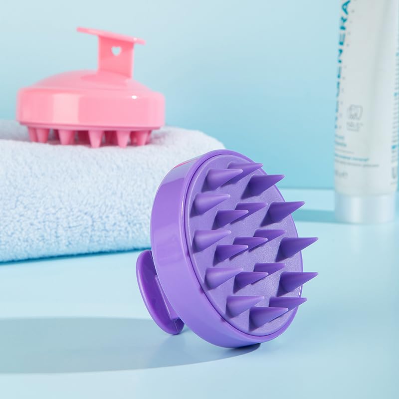 Cepillo de champú masajeador para el cuero cabelludo, exfoliador de cuero cabelludo con cerdas de silicona suave, tanto para cabello húmedo como seco (morado)