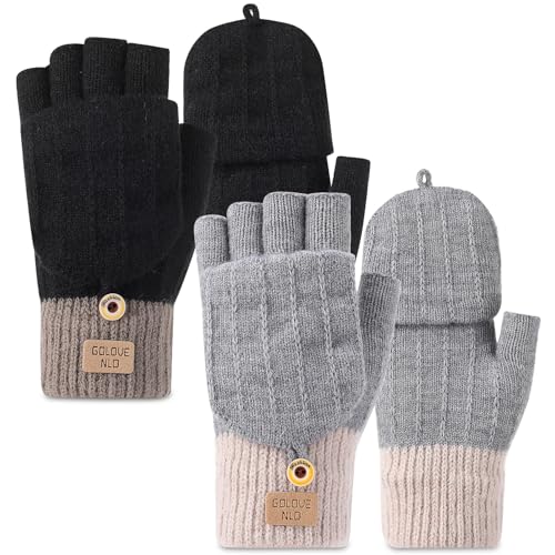 Smivyhp 2 Paar Damen Winterhandschuhe, Fingerlose Handschuhe mit Kapuze, Verdickter Weicher Touchscreen Handschuh für Outdoor Sportarten, Skifahren, Laufen, Autofahren,...