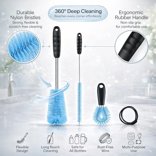 Image of 3Pcs Bottle Cleaner Brush Set, L Shape 15 inch Long Handle Washing Bottle Cleaning Brushes for Narrow Neck Water Bottles Tumblers Straws Coffee Mugs Sport Bottles Flasks and Thermos Lid Brush