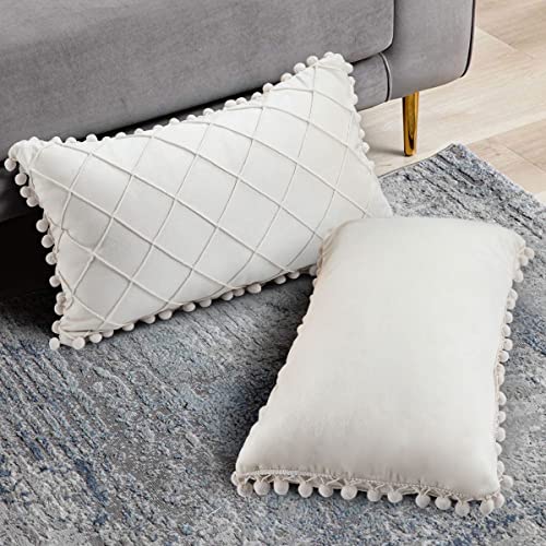 Lot de 2 housses de coussin blanches avec pompons mignons - 30 x 50 cm Cover