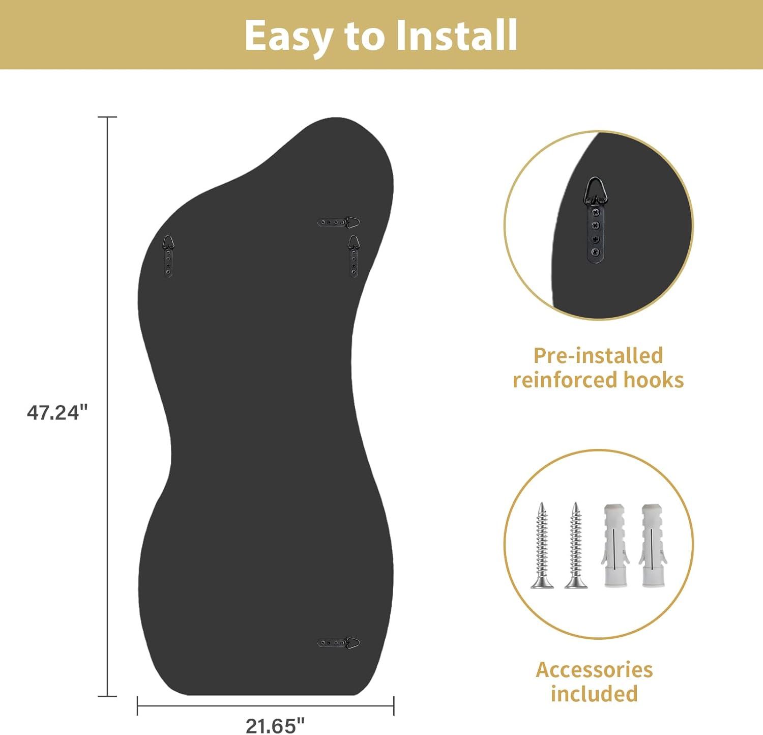Large Irregular Wall Mirror 47.2"x22", Unique Shaped Black Asymmetrical Mirror, Modern Oblong Wavy Mirror for Living Room,Bathroom,Entryway,Dining Room
