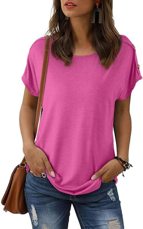 SHEWIN Women's Top Casual Crewneck Short Sleeve Tee Shirts Loose Fashion Dressy Blouses Large A1-bright Purple
