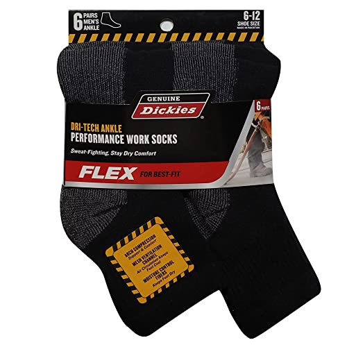 Dickies Men's 6 Pack Dri-Tech Comfort Quarter Socks, Black, 18 Pair