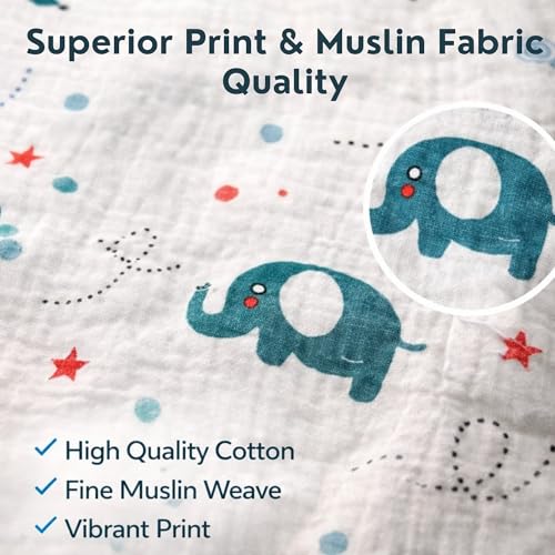 Image of Baby Muslin Blanket for Newborn | 4-Layer Crinkled Cotton Muslin Blanket | Soft, Breathable, Lightweight All-Season Baby Blanket (100 X 100 cms) | 0-2 Years | Elephant Design