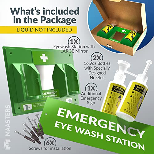 Maasters EW1GS Bpa Free Portable Eye Wash Station Osha Approved - Wall-Mounted First Aid Eye Wash Kit W/Mirror & 2X 16Oz Empty Bottles - No Eye Wash Solution Included - Emergency Eyewash thumb #2