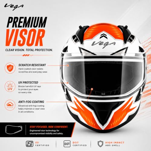 Image of Vega Bolt Elvis Graphics Full Face Motorcycle Helmet | Scratch Resistant Visor | Lightweight & Comfortable Riding Helmet- White Orange, L