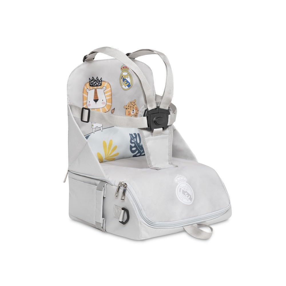 Interbaby - Real Madrid Reise-Sitzerhöhung. In Rucksack oder Tasche verwandelbar. Faltbar, leicht und mit verstellbarem Tragegurt. Verstellbarer 5-Punkt-Sicherheitsgurt.