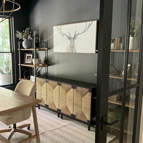Image of Nathan James Beacon Accent Natural Sideboard Storage Cabinet in Wire-Brushed Wood with Adjustable Interior Shelf and Seagrass Doors, for Hallway, Entryway or Dining Room, Black